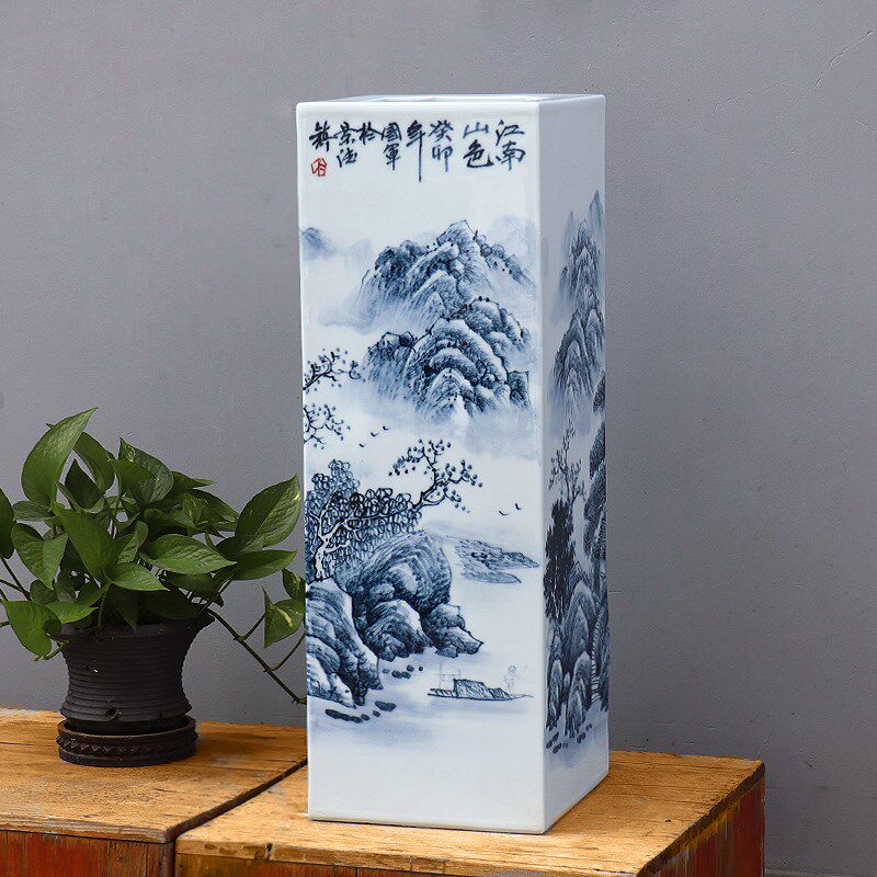 吴国军大师手绘精品花瓶青花瓷釉下彩景德镇陶瓷器四方镶气山水