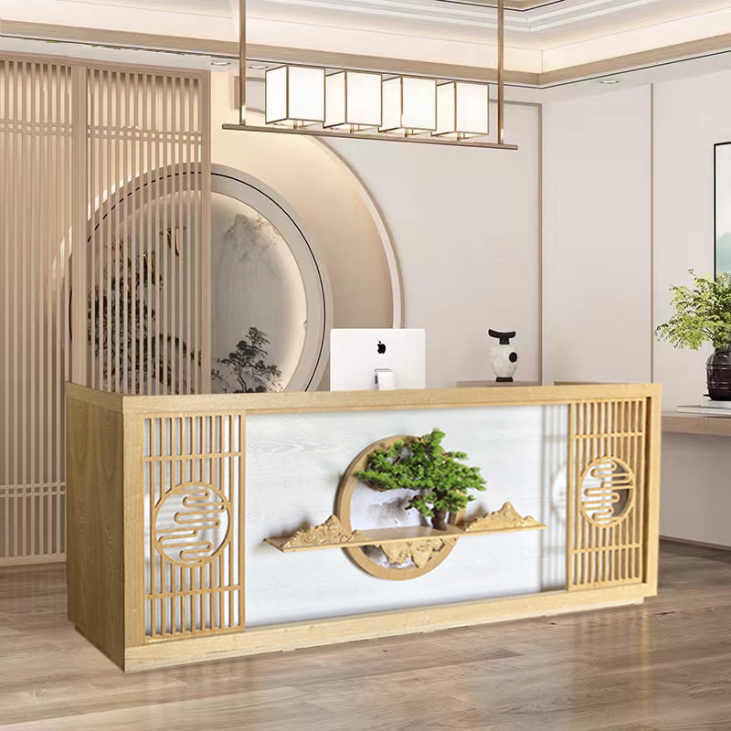 新中式复古吧台餐厅酒店茶楼实木收银台名宿养生馆前台接待台柜台