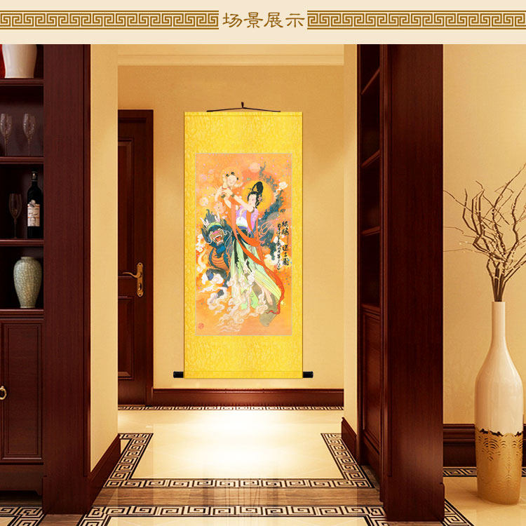 麒麟送子图 仙女童子人物神像画绢布卷轴挂画 卧室复古装饰画定制