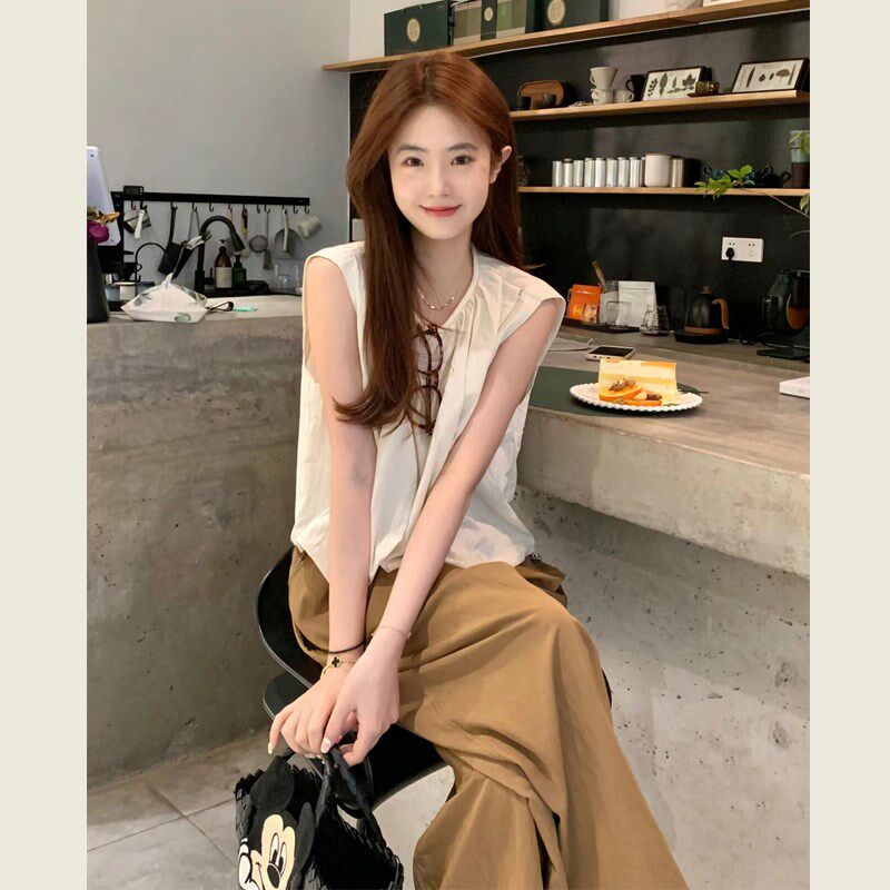 小个子休闲简约轻熟风无袖衬衫上衣女夏宽松百搭休闲阔腿裤两件套