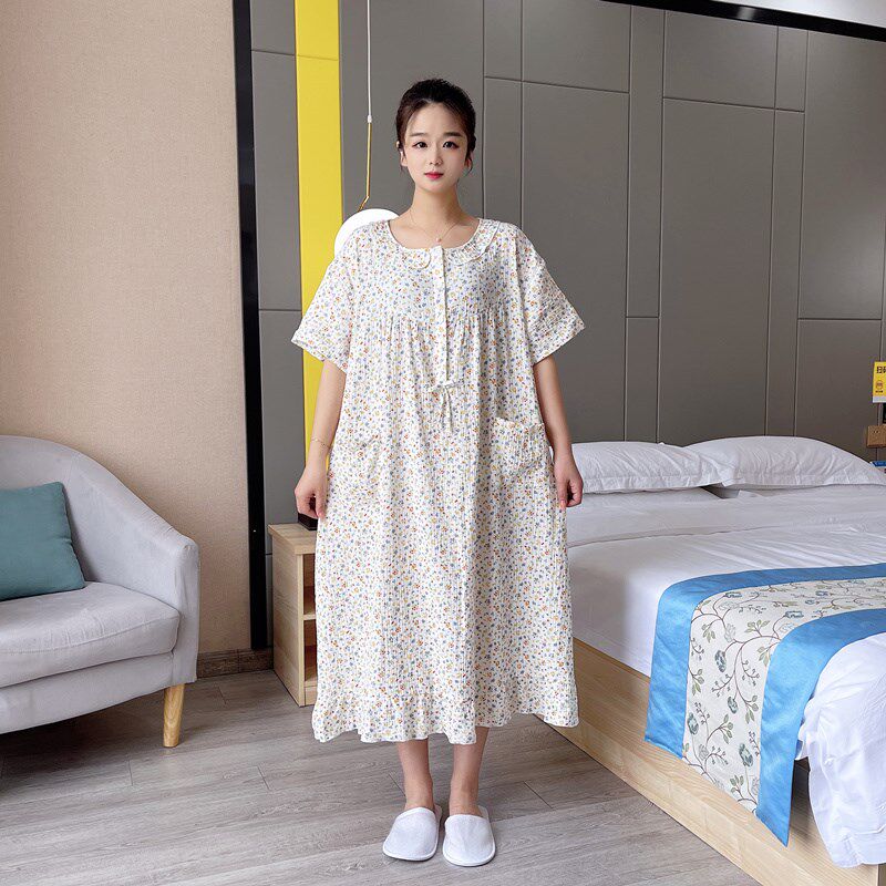 碎花短袖大码睡裙女200斤双层棉纱布夏天薄款胖mm孕妇睡衣家居服
