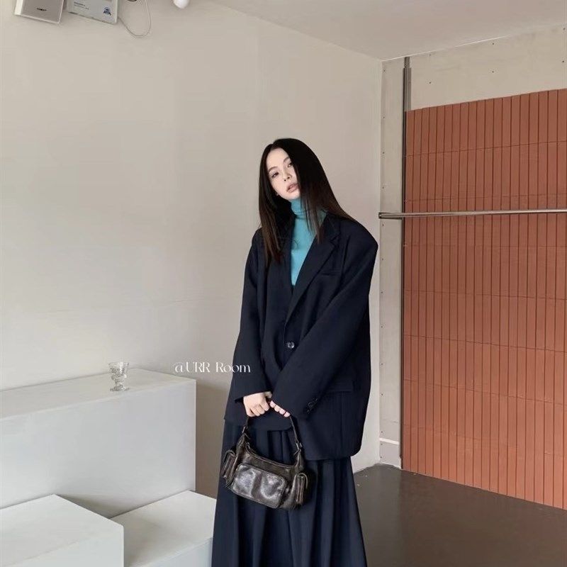 日了个韩宽松时髦廓形中长款明线西装外套+高腰显瘦半身裙套装