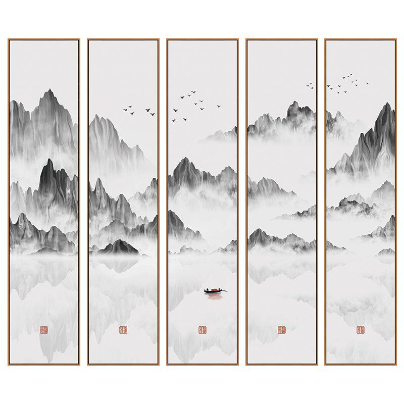 客厅新中式山水装饰画玄关展厅大幅五联挂画河山渔船书房禅意壁画