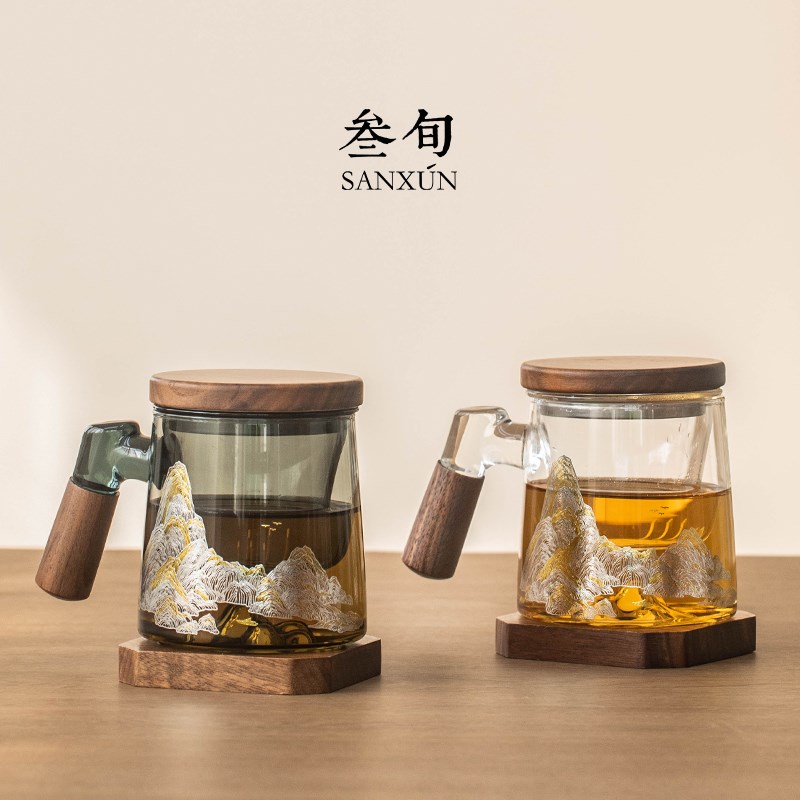 叁旬玻璃轻奢泡茶杯创意茶水分离高档带盖过滤办公室喝茶水杯杯子