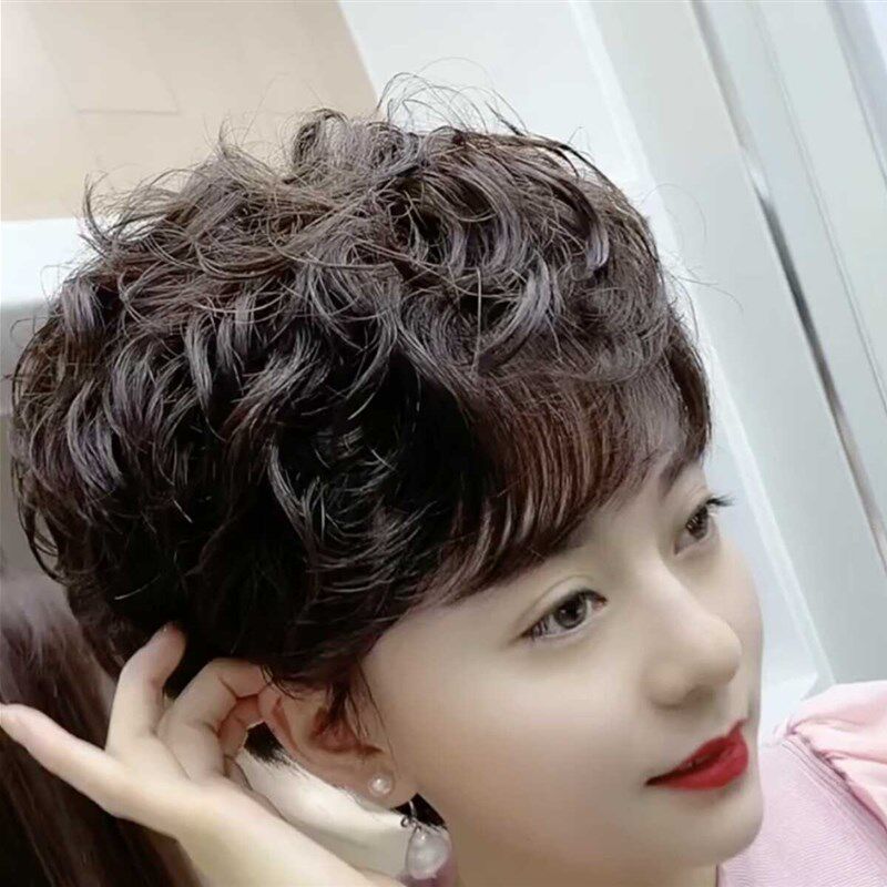 全真发假发女短发真发卷发圆脸假发头套透气蓬松妈妈大卷烫假发套