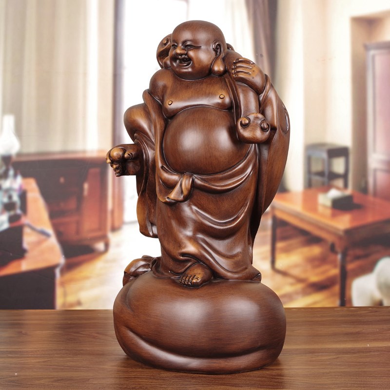弥勒佛摆件实木雕刻招财笑佛像中式客厅玄关店铺公司前台开