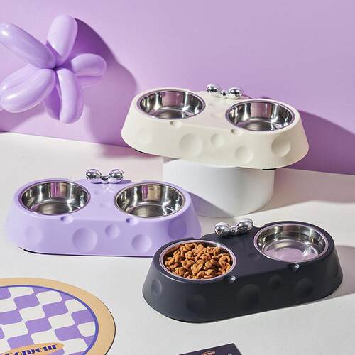 宠物不锈钢双碗猫咪食盆狗狗饭碗猫碗狗碗防滑防打翻宠物双碗新款