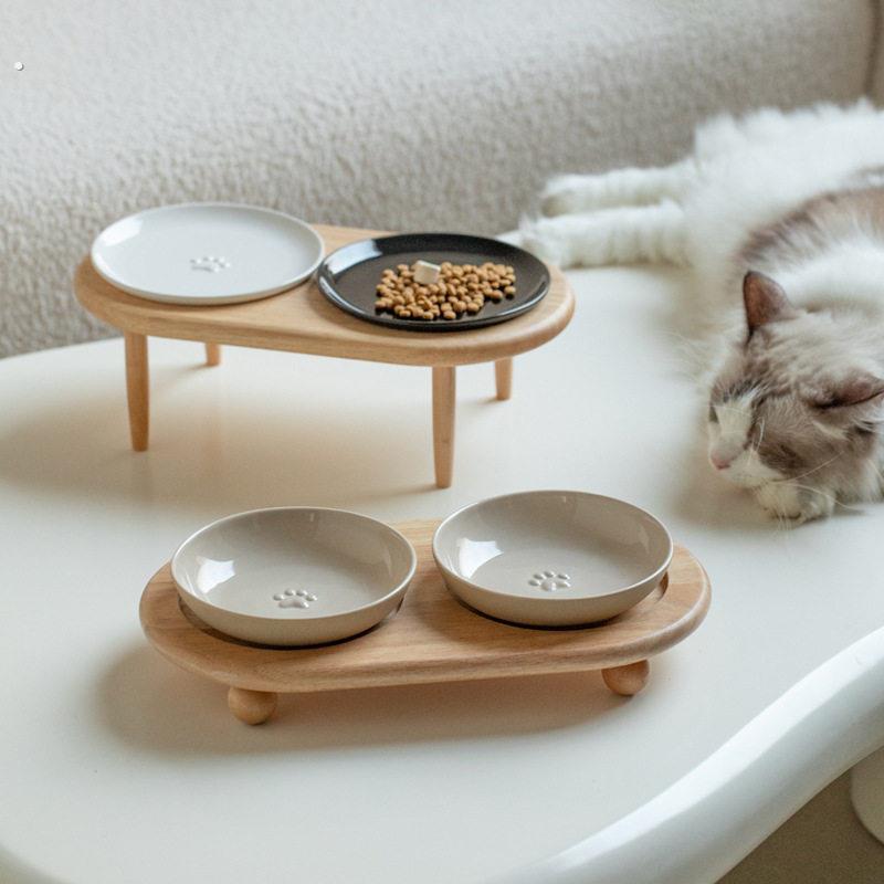 芝小麻素雅陶瓷猫盘实木碗架高脚两用可调节保护颈椎大口径猫粮碗