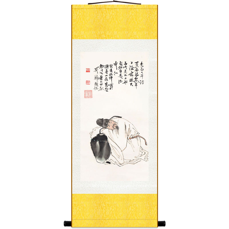 中式酒文化卷轴挂画李白醉酒图人物画像复古风格装饰字画可来图定