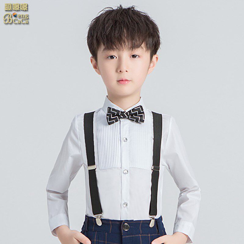 男童长袖白衬衫纯棉薄款中大童小学生校服儿童演出主持服白色衬衫