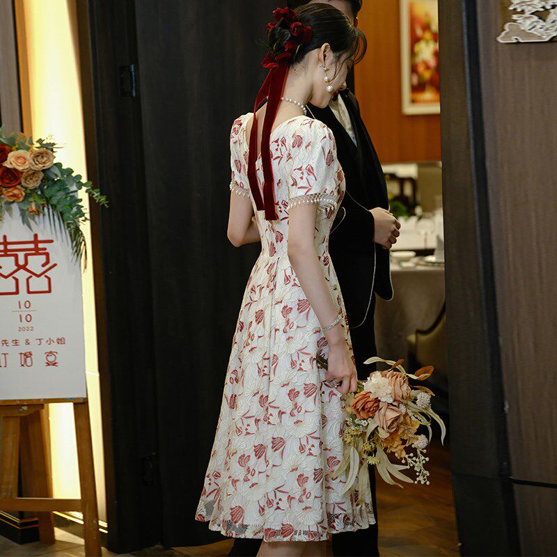 敬酒服新娘订婚礼服连衣裙女小个子法式高级感夏季酒红色平时可穿