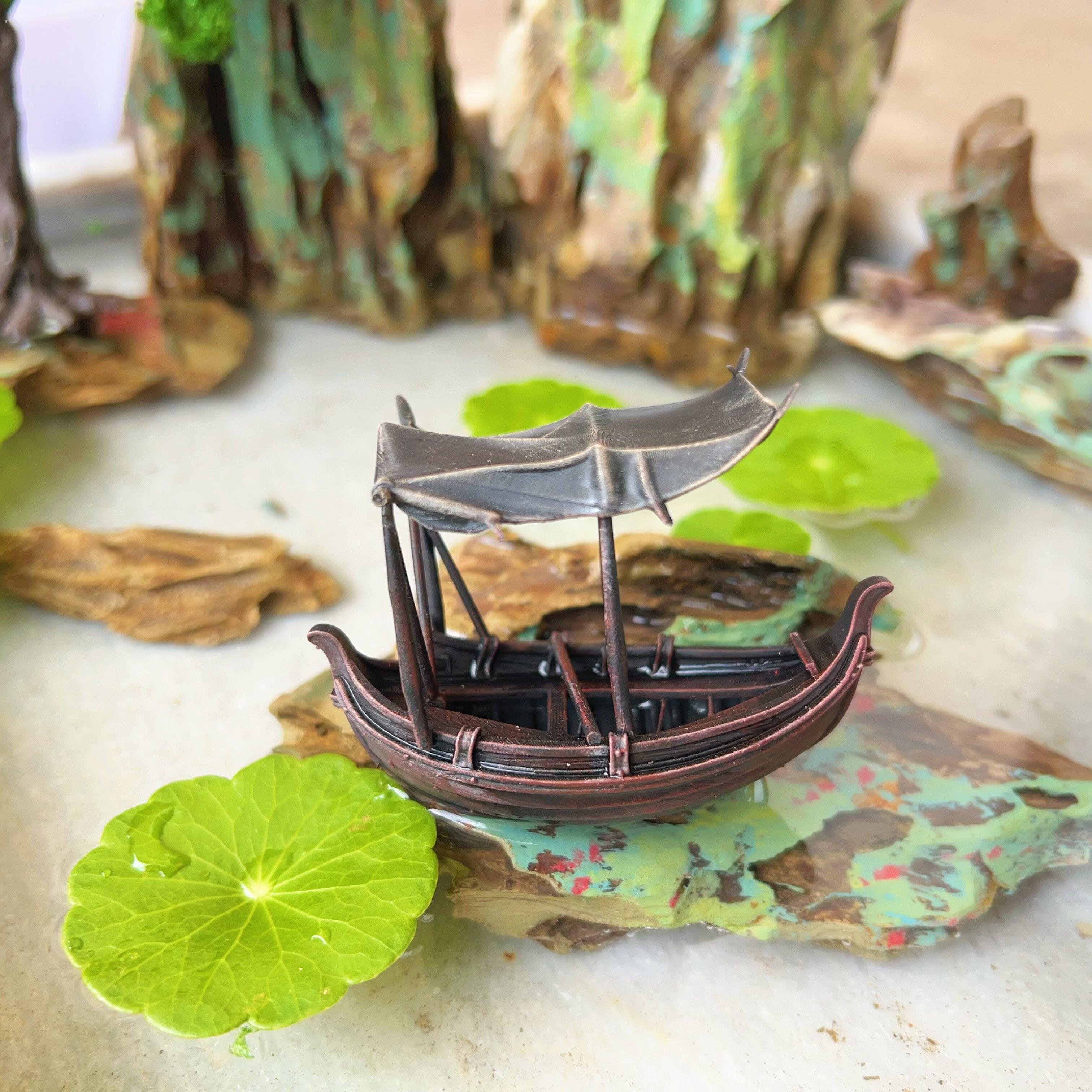 探方古建筑模型树脂可漂浮彷古小船竹筏水陆缸盆景摆件微景观