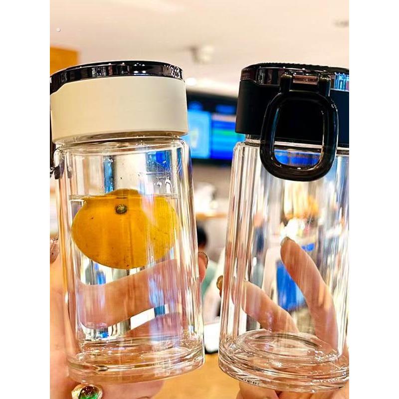 双层小巧车载玻璃水杯简约随手迷你手提杯便携耐高温泡茶喝水杯子