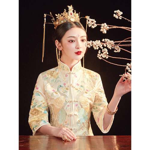 2026新款秀禾服女新娘结婚中式嫁衣修身孕妇礼服香槟色大码敬酒服