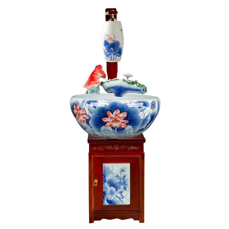 景德镇陶瓷鱼缸喷泉循环过滤加氧乌龟缸养龟箱大型家用酒店装饰品