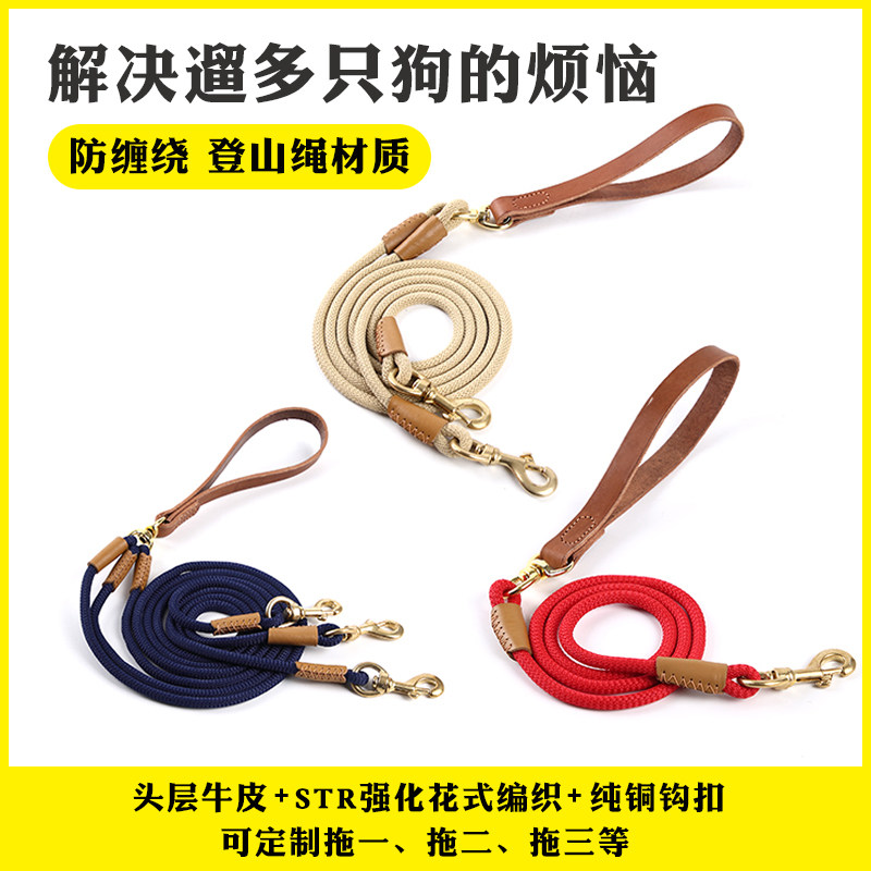 狗狗牵引绳多头牵一拖二宠物防缠绕金毛柯基德牧泰迪双头狗绳大型