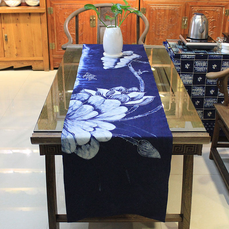 禅意蜡染画桌旗中式复古茶几旗长条形棉布桌子装饰荷花手工茶艺席