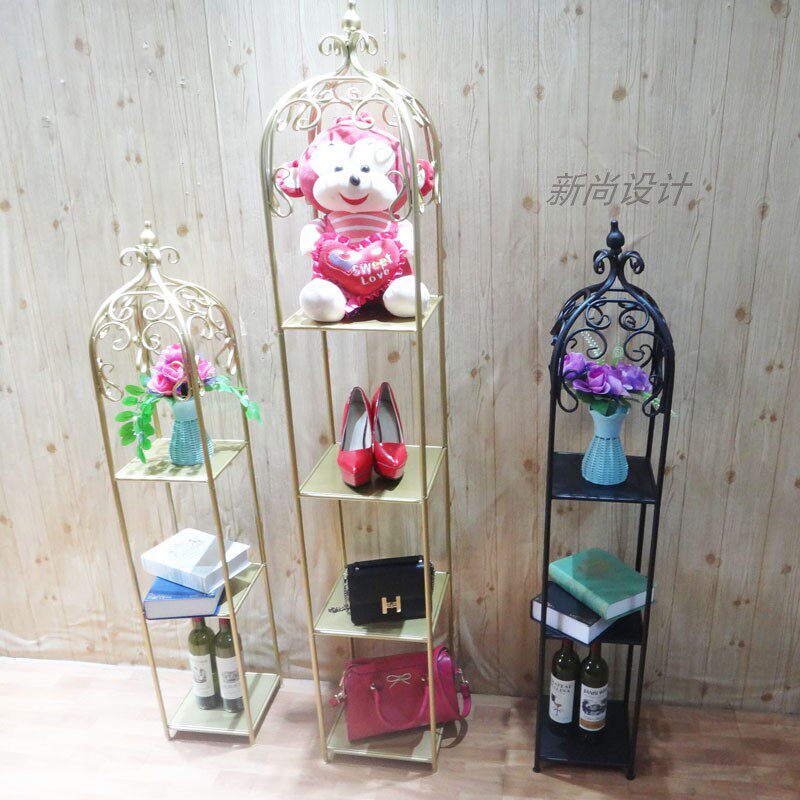 服装店鞋包店橱窗展示架落地多层置物架金色鸟笼高跟鞋架包包货架