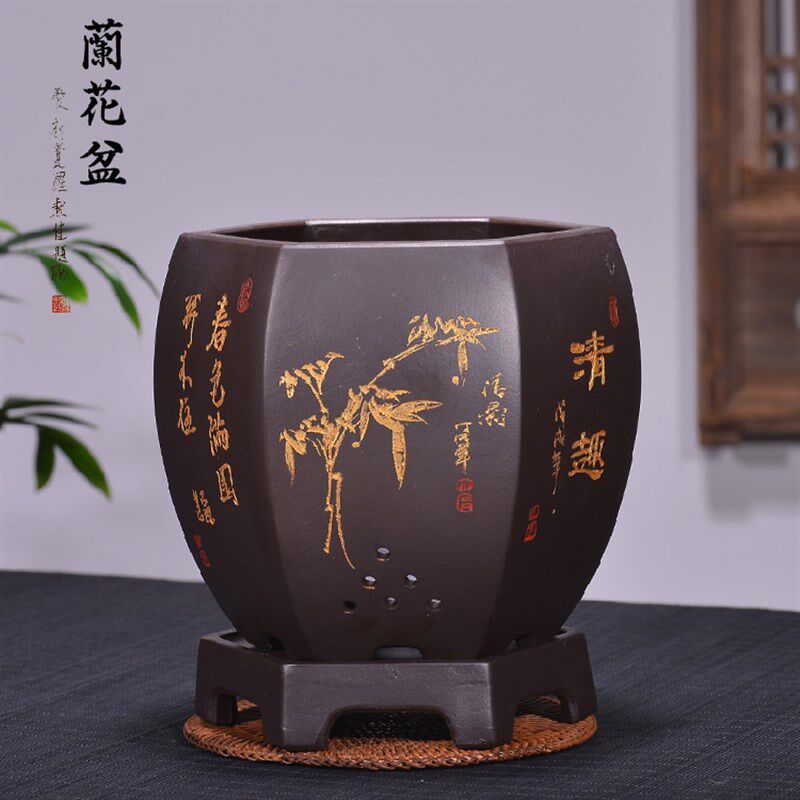 宜兴紫砂花盆兰花盆六方君子兰花盆带托盘简约陶瓷花盆兰花专用盆