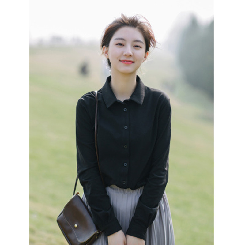 谧斯针织弹力衬衫女长袖黑色职业装衬衣白色修身打底衫2022年春季