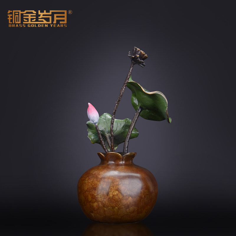 铜金岁月黄铜荷花花艺摆件创意新中式软装家居饰品铜工艺品