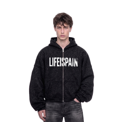 LIFEISPAIN腐蚀宣言系列复古基础文字印花连帽薄款拉链开衫卫衣