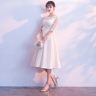 2026新款晚礼服女中长款春季香槟色伴娘服中式演出服主持人晚礼服