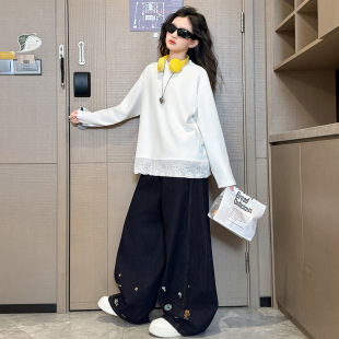 2026新款女童打底衫蕾丝女大童洋气中长款白色长袖t恤秋款上衣潮