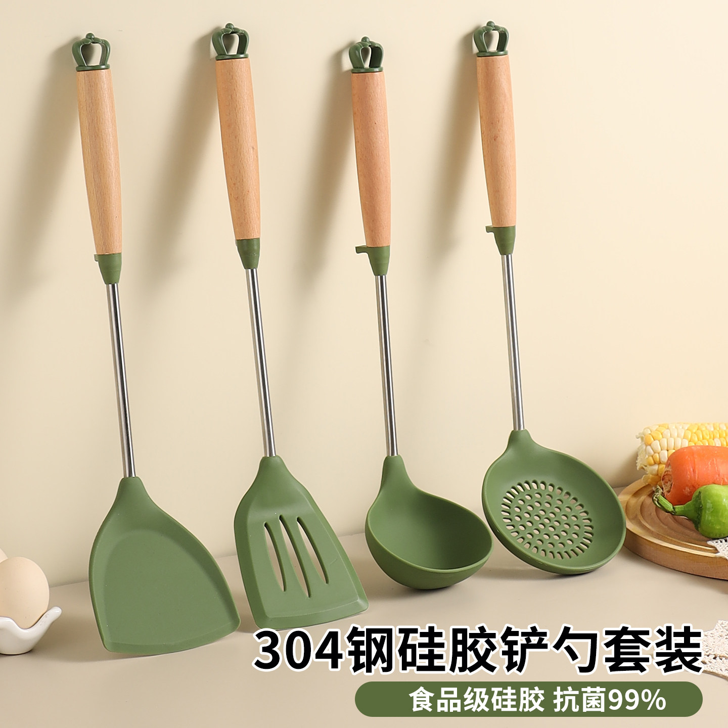 食品级耐高温矽胶锅铲子炒菜不沾锅专用煎铲汤勺套装不锈钢厨具