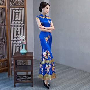 2026新款走秀旗袍女改良大码修身鱼尾礼仪蕾丝舞台演出旗袍连衣裙