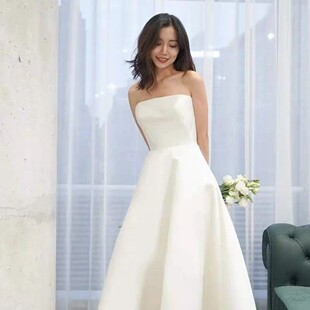 2026新款跨境白色小礼服伴娘服抹胸裙中长款绑带旅拍轻婚纱复