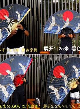 日式大挂扇家装挂墙装饰扇沙发背景床头新中式国潮大折扇仙鹤海浪
