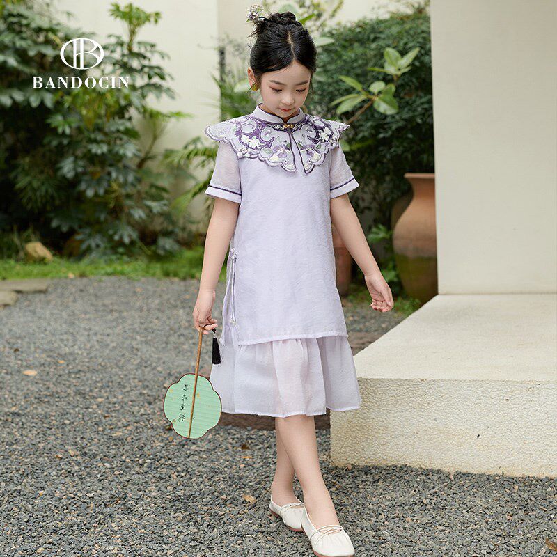亲子女童新中式连衣裙夏季薄款洋气2024新款儿童夏装短袖汉服裙子