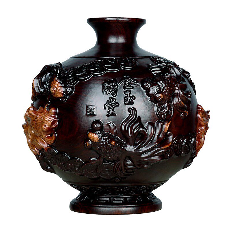 铁圈礼业黑檀木花瓶摆件木雕雕刻实木工艺品客厅插花乔迁家居装饰