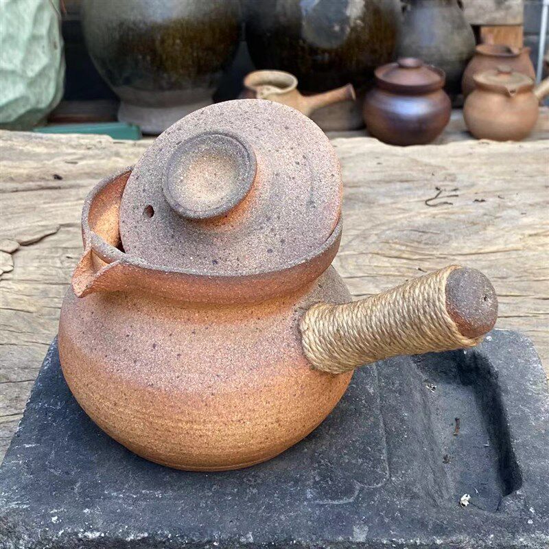 云南纯手工柴烧煮茶罐粗陶茶壶围炉煮茶烤茶奶茶陶罐侧把土陶烧水