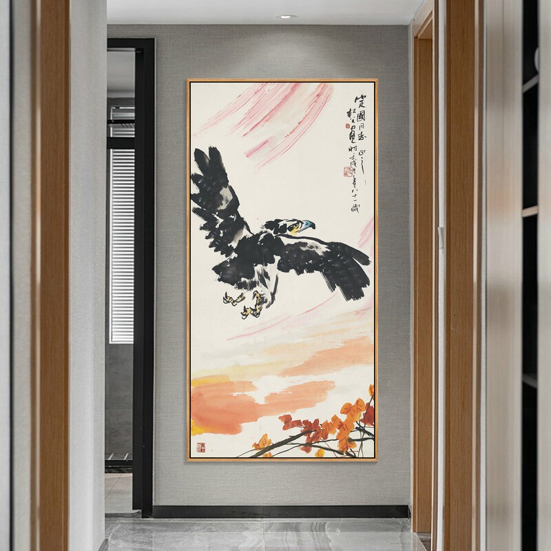 大鹏展翅挂画大展宏图山水画竖版客厅玄关画茶室壁画办公室装饰画