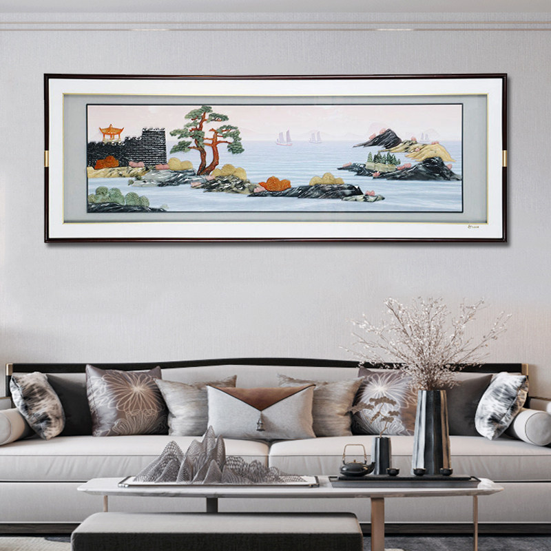 沙发背景墙装饰画新中式客厅高档大气横板玉雕挂画led灯立体浮雕