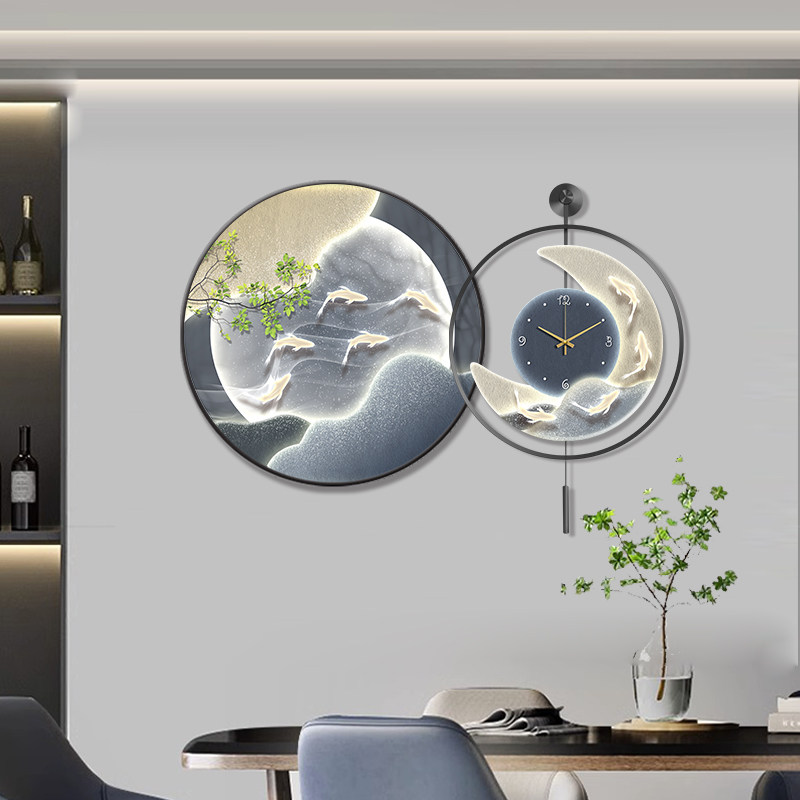 高级感餐厅装饰画带钟表摇摆九鱼图壁画饭厅背景墙挂画轻奢客厅画