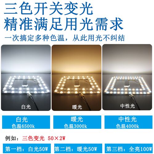 方形LED灯盘吸顶灯替换灯芯维修灯板三色变光灯珠风扇灯光源配件