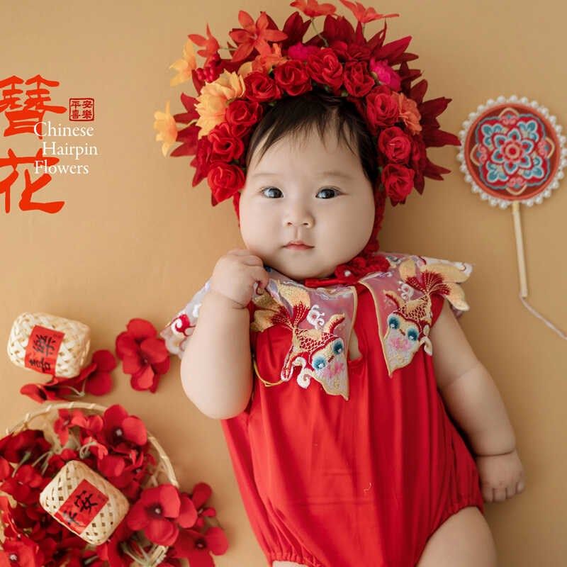红色簪花头饰宝宝百天照服装道具婴儿拍照衣服周岁中国风儿童摄影