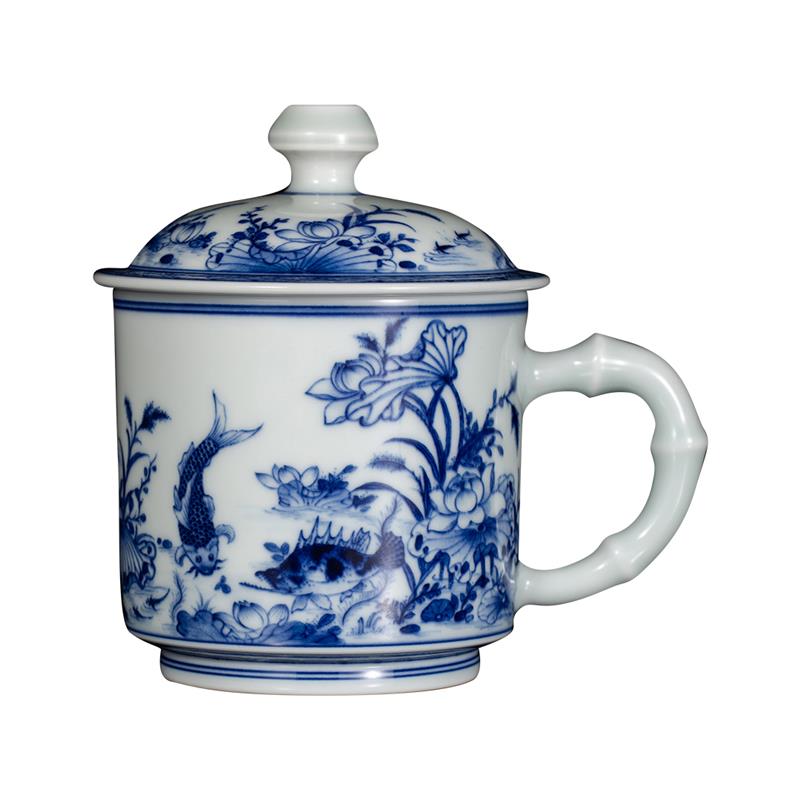 锺家窑办公杯景德镇陶瓷柴窑青花手绘《荷塘清趣》办公室带盖子水
