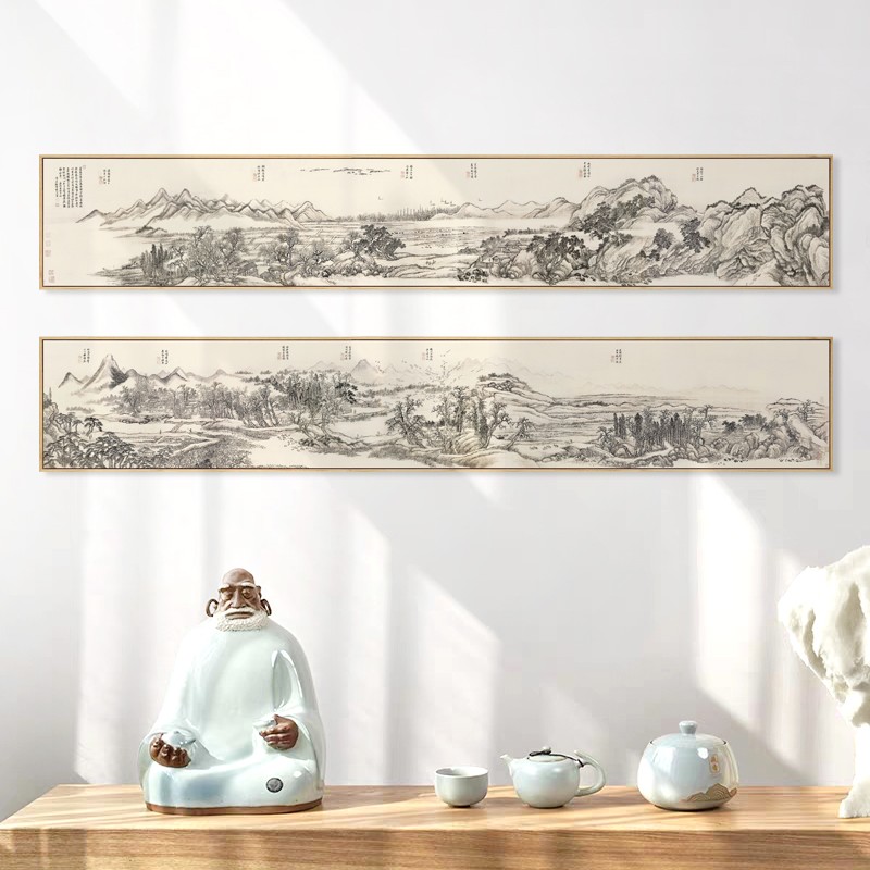 中式古风山水国画装饰画背景墙横长幅挂画茶室禅意墙画唐人诗意图
