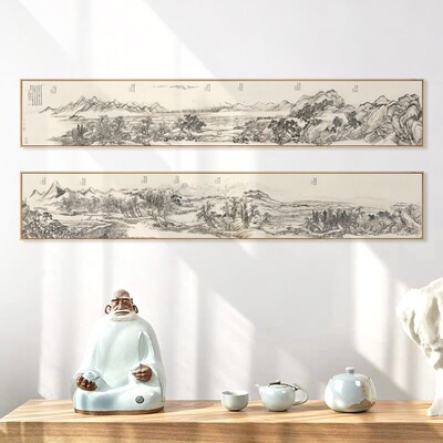 中式古风山水国画装饰画背景墙横长幅挂画茶室禅意墙画唐人诗意图