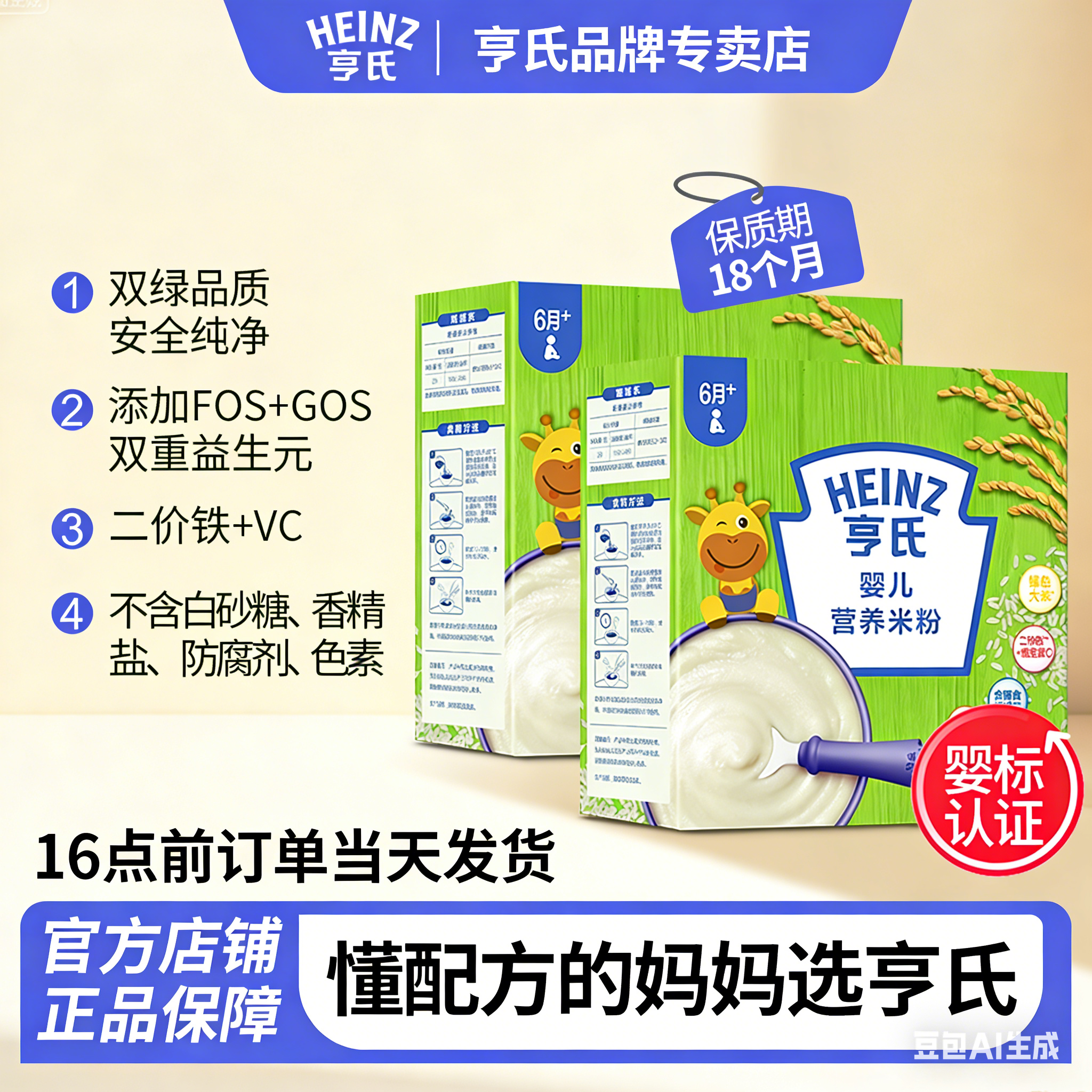 亨氏(Heinz)婴幼儿经典原味高铁米粉铁锌钙250g辅食米糊1段6月+