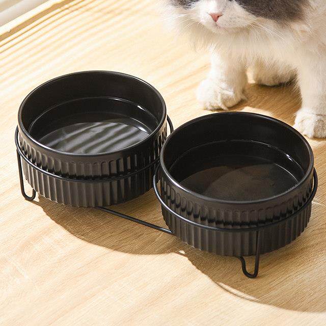 猫咪喝水黑色陶瓷碗猫粮食盆防打翻直口宠物用品抖音同款猫用水盆