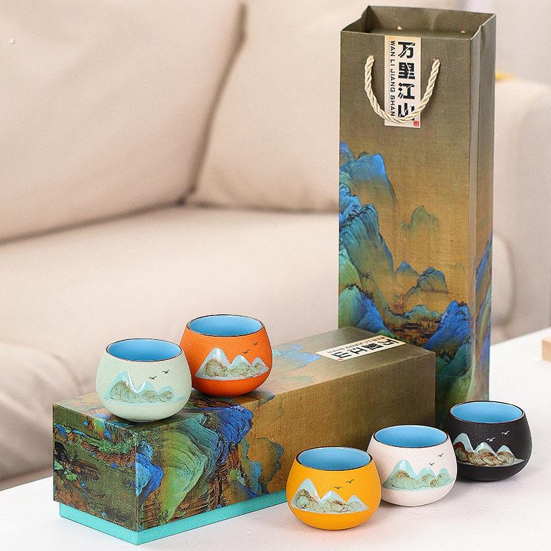千里江山杯子手绘陶瓷茶杯主人杯伴手礼高档茶具礼盒套组文创礼物