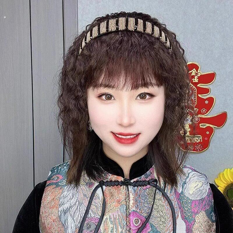 假发发箍刘海一体全真发头顶遮白发补发片卷发自然隐形刘海假发片