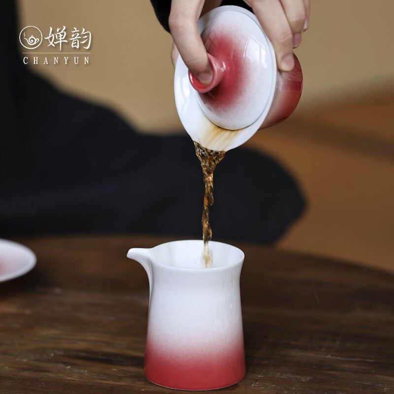 婵韵黄丽君茶具玫瑰红渐变红三才盖碗茶杯单个花口杯女神家用茶碗