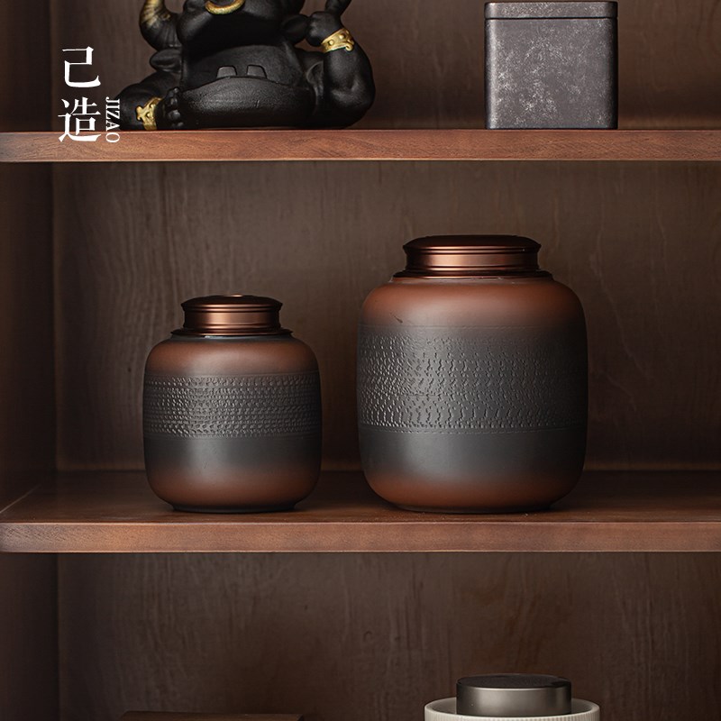 己造 手工紫陶跳刀茶叶罐陶瓷密封罐家用双盖合金吸力盖家用防潮