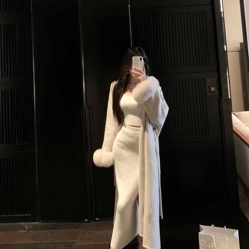若语定制 清潭洞欧尼 时髦感加厚针织螺纹修身上衣开叉半裙套装女